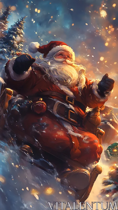 Santa in red sleigh racing through snowy winter night.