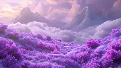 Lavender alpine valley with ethereal clouds and violet light.