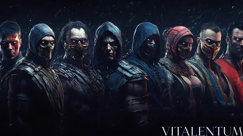 Lineup of hooded armored fighters in low key lighting.