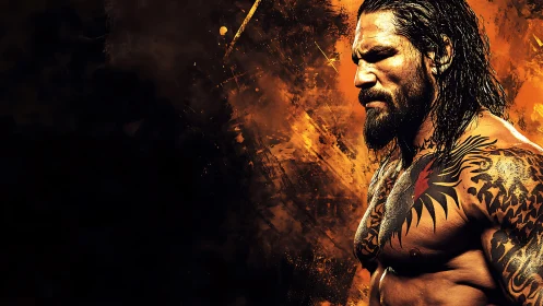 Tattooed warrior stands strong against a blazing stormy sky.