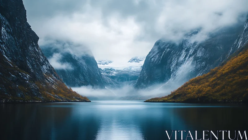 Mountain fjord with calm water and low cloud cover.