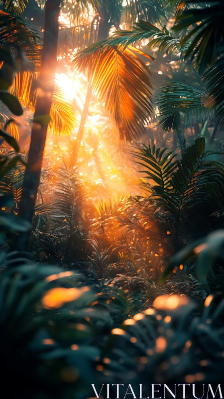 Sunlit jungle canopy with glowing tropical palm leaves.