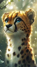 Young cheetah cub gazes upward in soft backlit forest