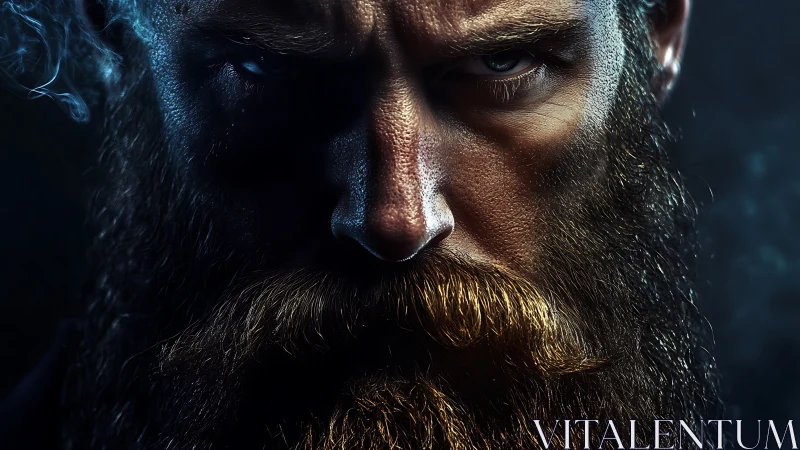 Smoldering bearded gaze captures raw intensity and quiet power