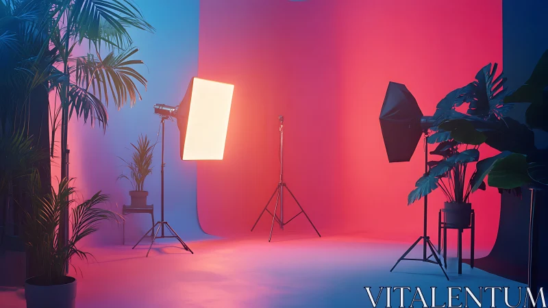Studio backdrop with softbox lighting and potted plants.