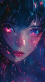 Neon-lit anime portrait with prismatic bokeh and wet surfaces.