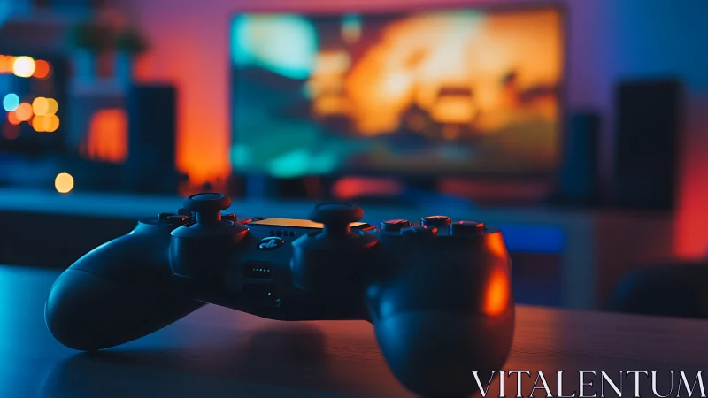 Game controller on table before defocused TV display.