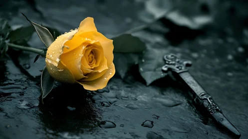 Glistening yellow rose and ornate dagger on wet stone surface.