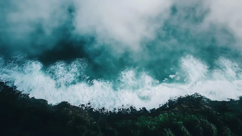 Aerial coastal surf banded with mist and forest edge panorama.