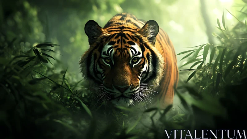 Tiger moves through dense green jungle under soft light
