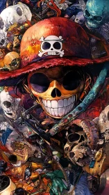 Pirate skull collage with red straw hat and dense bone wreckage