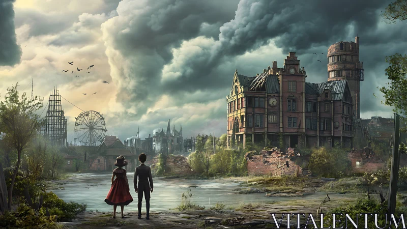 Ruined riverside mansion and fairground in overcast landscape.