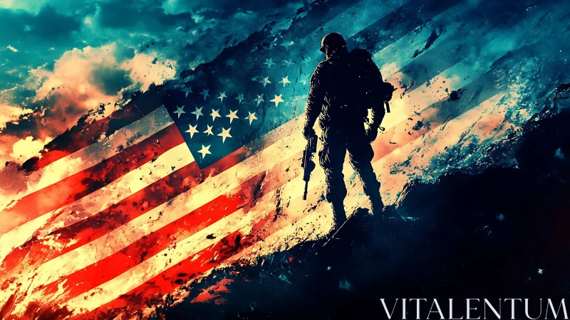 Silhouetted soldier against dynamic abstract US flag backdrop.