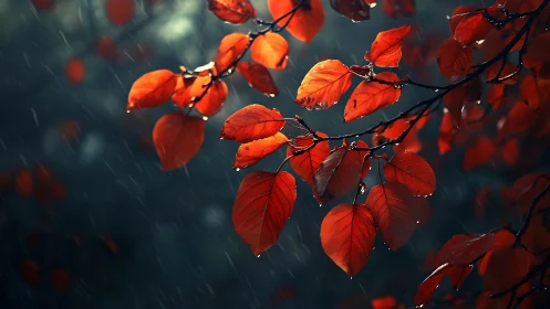 Scarlet autumn leaves catch soft rain in fading forest light