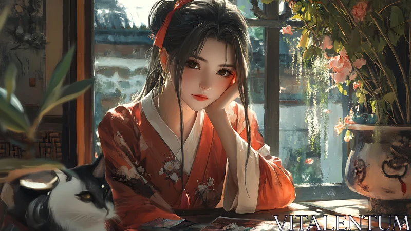 Thoughtful girl in red kimono by window with cat and flowers.