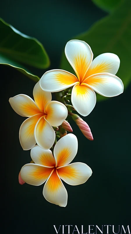 White Plumeria Cluster Blooming Against Dark Green.