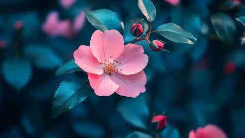 Pink blossoms bloom against moody teal foliage in soft focus garden.