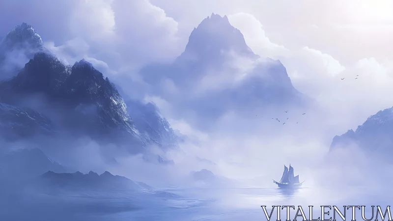Mountain Landscape with Sailing Vessel in Mist