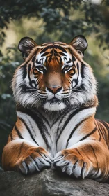 Front-facing Bengal tiger portrait shows symmetrical facial patterning