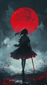 Lone swordbearer walks beneath a blood-red moon’s omen
