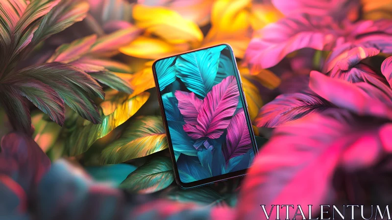 Vibrant smartphone amidst colorful tropical leaves, digital art style.