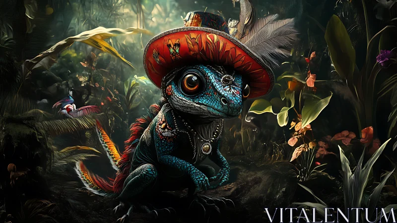 Regal blue gecko in feathered red hat rules a jungle realm.
