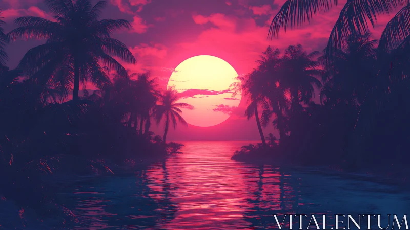 Neon tropical sunset over reflective palm-lined lagoon.