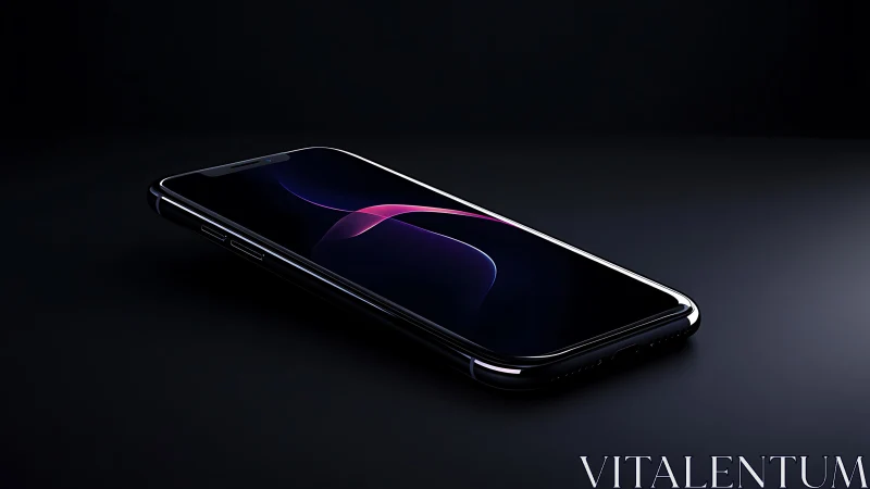 Black touchscreen smartphone on reflective dark surface.