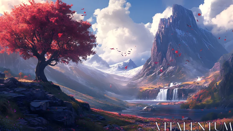 Crimson tree beside glacial valley waterfall under sculpted clouds.