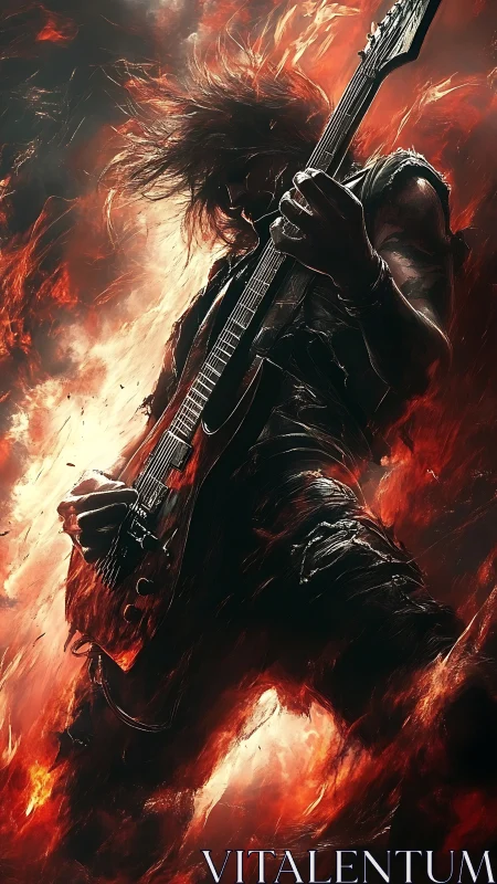 Incandescent metal guitarist in pyrokinetic motion field.
