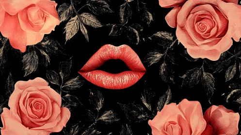 Red lips float amid vintage roses on deep black background