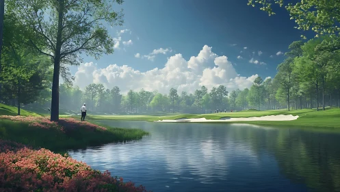 Sunlit golf course lake with specular water reflections and clouds