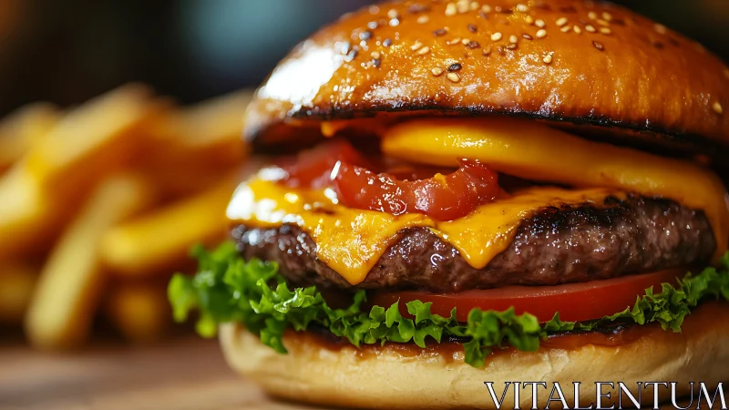 Melted cheddar crowns a glossy burger in cinematic close-up