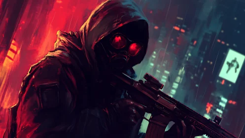 Hooded figure with rifle stands before illuminated cityscape
