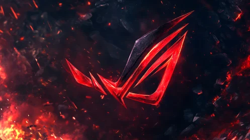 Red angular emblem burns within fragmented molten void