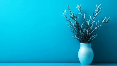 Aqua hush over minimalist vase and sculpted foliage.