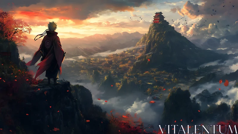 Cloaked figure observing mountain temple at orange sunset.