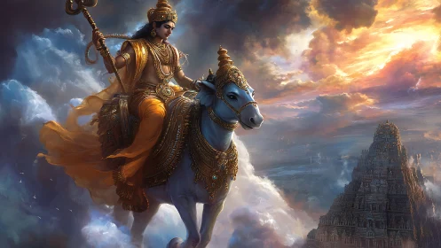 Radiant deity rides a celestial steed above glowing temple skies