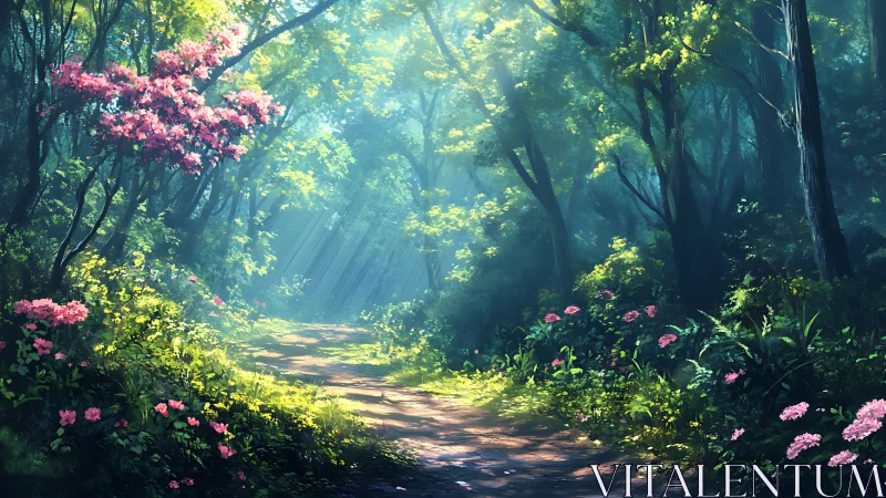 Luminous Forest Path with Blooming Pink Flowers.