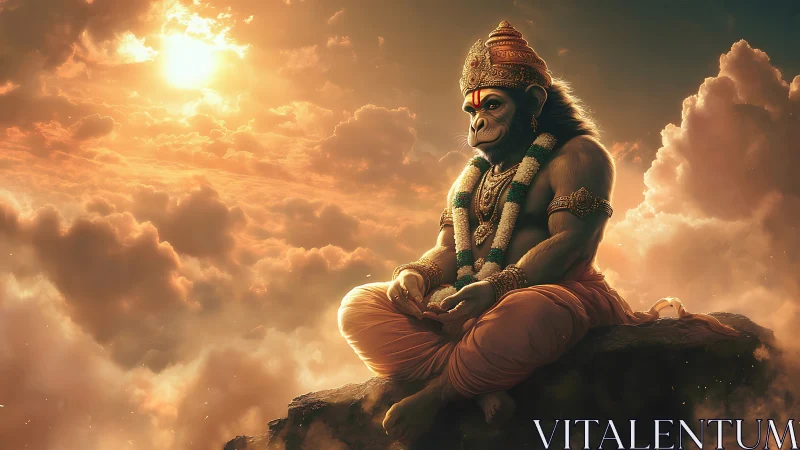 Serene monkey deity meditating in glowing sunset clouds.