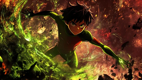 Young anime hero charges through swirling green energy storm.
