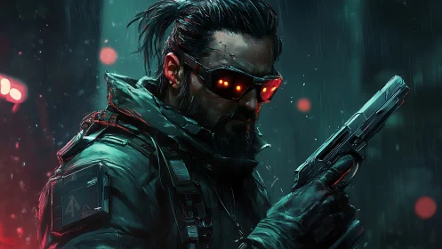 Cybernetic gunman readies his weapon in neon rain-soaked night