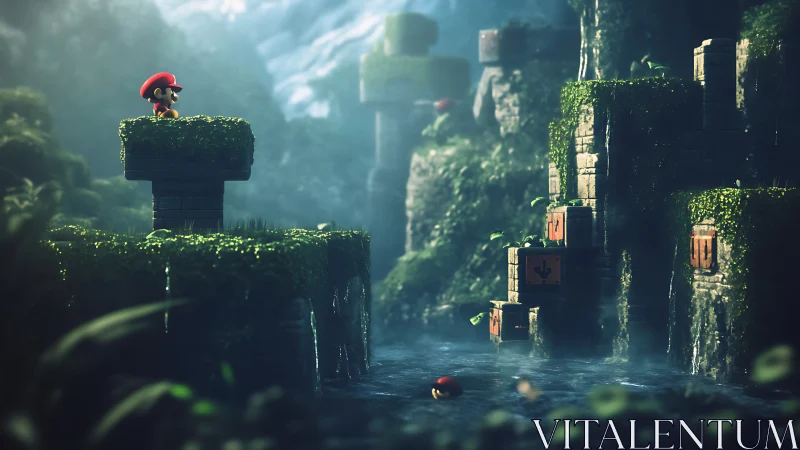 Game hero surveys mossy ruin platforms in misty gorge.