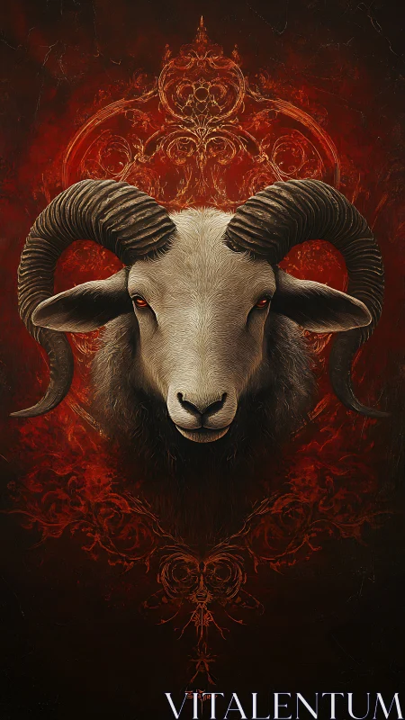 Ram head portrait on dark red ornamental background.