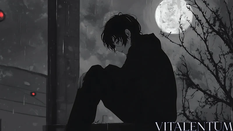 Moon-drenched loner broods in rain-soaked city silence.