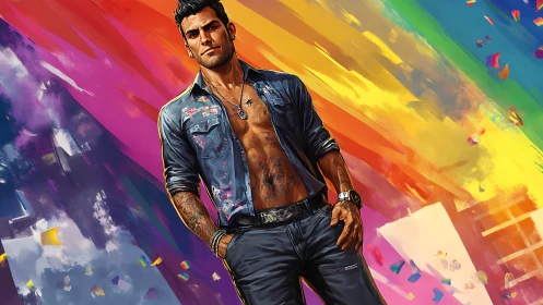 Confident tattooed man strides against a vivid rainbow sky