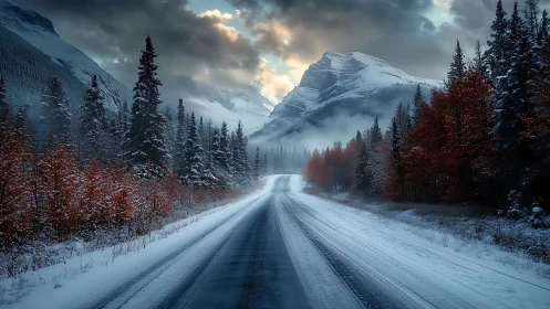Snowy mountain road flanked by dark pines and red trees.