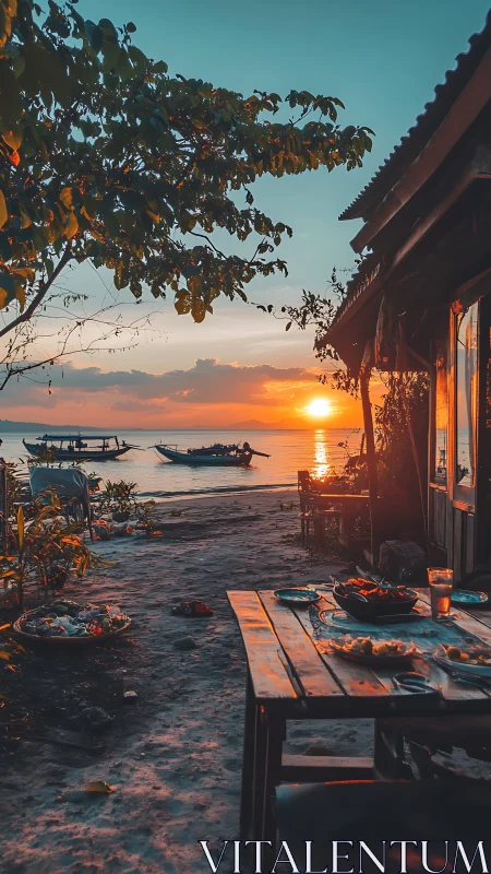 Sunlit beachside dining table overlooks calm fishing boats
