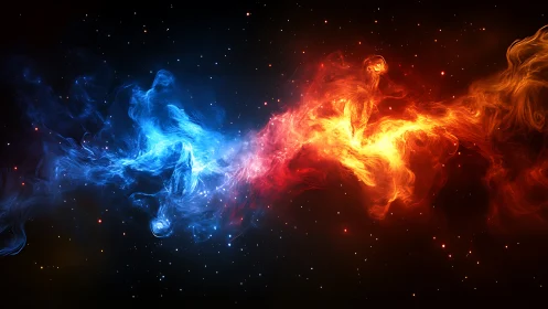 Blue and orange nebula-like energy clouds in space.