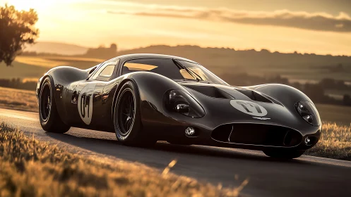 Vintage black race car on rural road at sunset period.
